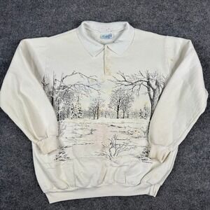 AU Sportswear Sweatshirt Mens XL Cream Scenic Winter Forest Graphic USA Made